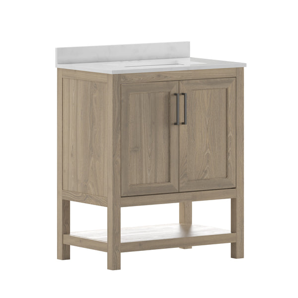 Brown,30" |#| 30 Inch Bathroom Vanity with Undermount Sink and Open Storage Shelf in Brown