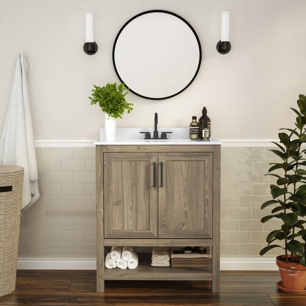 Brown,30" |#| 30 Inch Bathroom Vanity with Undermount Sink and Open Storage Shelf in Brown