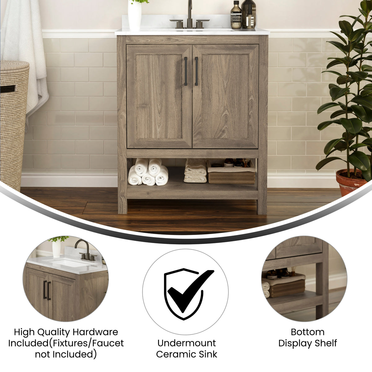Brown,30" |#| 30 Inch Bathroom Vanity with Undermount Sink and Open Storage Shelf in Brown