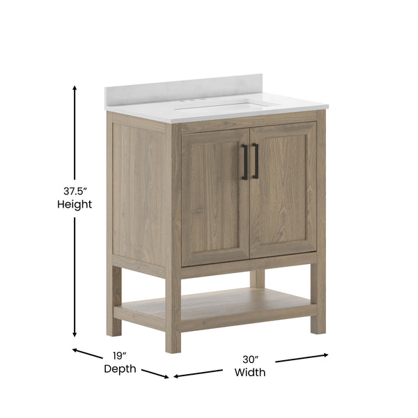 Brown,30" |#| 30 Inch Bathroom Vanity with Undermount Sink and Open Storage Shelf in Brown