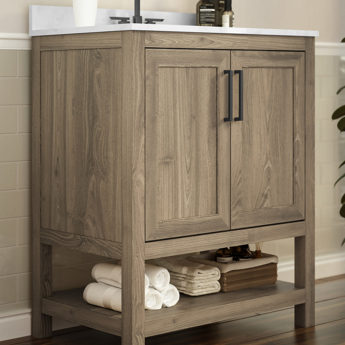 Brown,30" |#| 30 Inch Bathroom Vanity with Undermount Sink and Open Storage Shelf in Brown