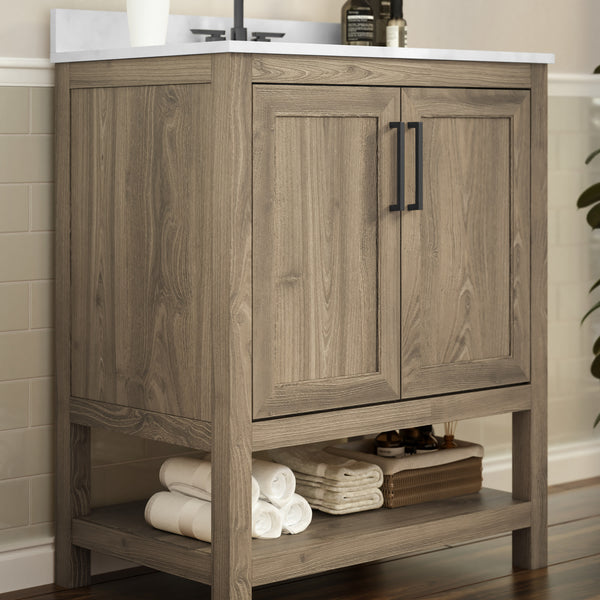 Brown,30" |#| 30 Inch Bathroom Vanity with Undermount Sink and Open Storage Shelf in Brown