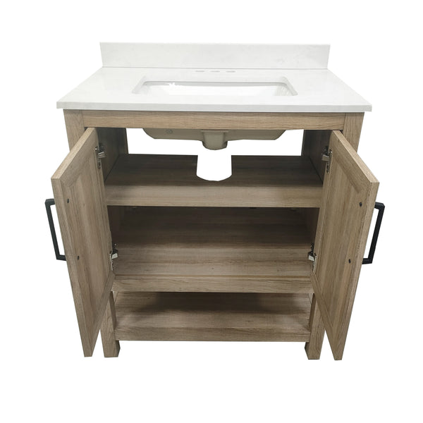 Brown,30" |#| 30 Inch Bathroom Vanity with Undermount Sink and Open Storage Shelf in Brown