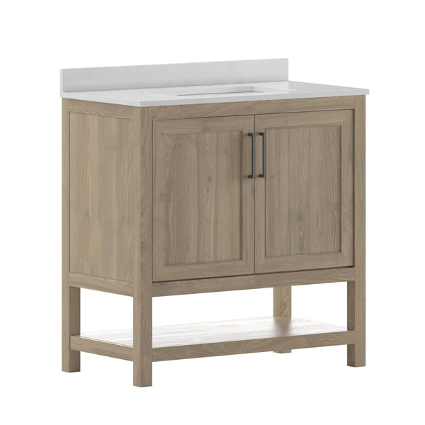 Brown,36" |#| 36 Inch Bathroom Vanity with Undermount Sink and Open Storage Shelf in Brown