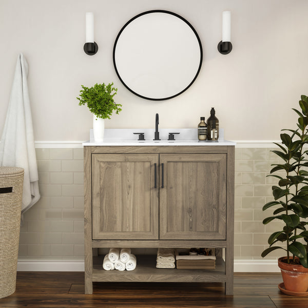 Brown,36" |#| 36 Inch Bathroom Vanity with Undermount Sink and Open Storage Shelf in Brown