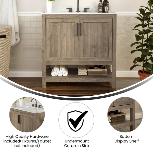 Brown,36" |#| 36 Inch Bathroom Vanity with Undermount Sink and Open Storage Shelf in Brown