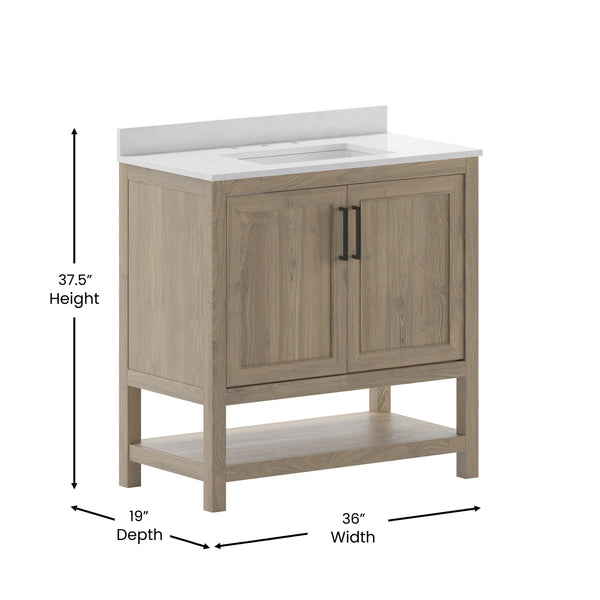 Brown,36" |#| 36 Inch Bathroom Vanity with Undermount Sink and Open Storage Shelf in Brown