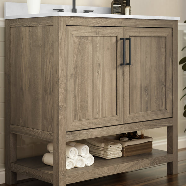 Brown,36" |#| 36 Inch Bathroom Vanity with Undermount Sink and Open Storage Shelf in Brown