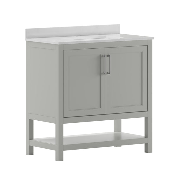 Gray,36" |#| 36 Inch Bathroom Vanity with Undermount Sink and Open Storage Shelf in Gray