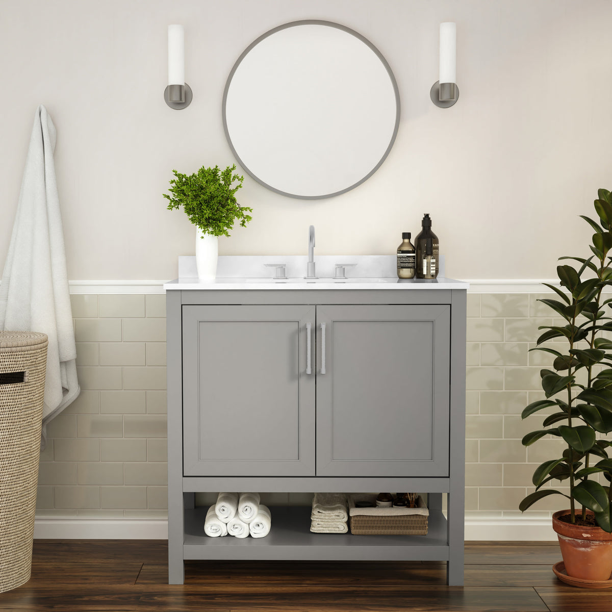 Gray,36" |#| 36 Inch Bathroom Vanity with Undermount Sink and Open Storage Shelf in Gray