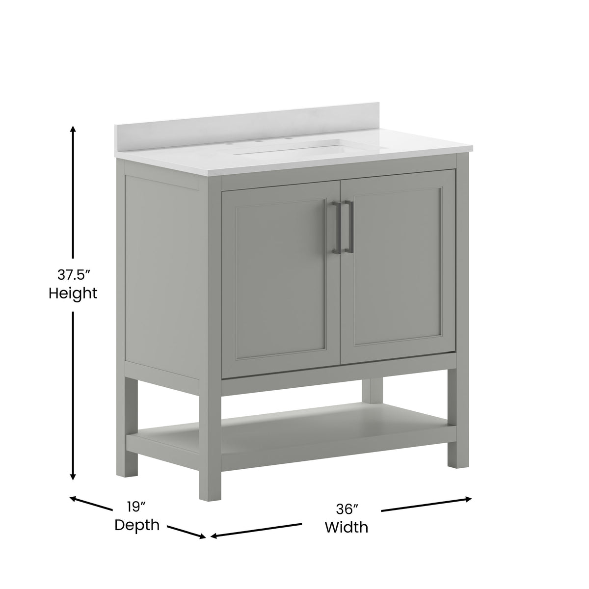 Gray,36" |#| 36 Inch Bathroom Vanity with Undermount Sink and Open Storage Shelf in Gray