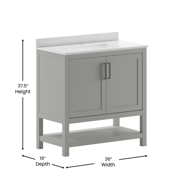 Gray,36" |#| 36 Inch Bathroom Vanity with Undermount Sink and Open Storage Shelf in Gray