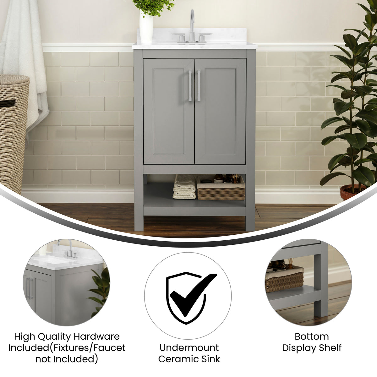 Gray,24" |#| 24 Inch Bathroom Vanity with Undermount Sink and Open Storage Shelf in Gray
