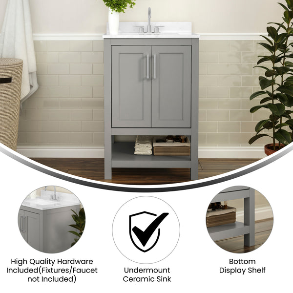 Gray,24" |#| 24 Inch Bathroom Vanity with Undermount Sink and Open Storage Shelf in Gray