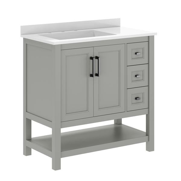Gray Frame/Black Hardware,36" |#| 36" Bathroom Vanity with Sink, Open Storage, and Storage Drawers in Gray