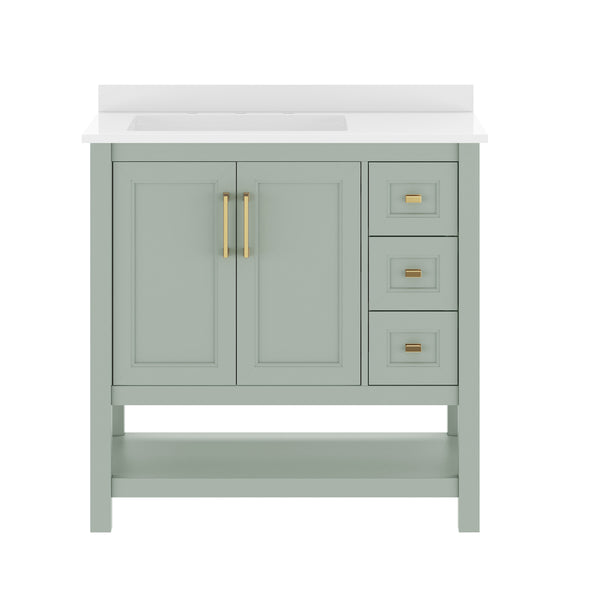 Sage Frame/Gold Hardware,42" |#| 42" Bathroom Vanity with Sink, Open Storage, and Storage Drawers in White