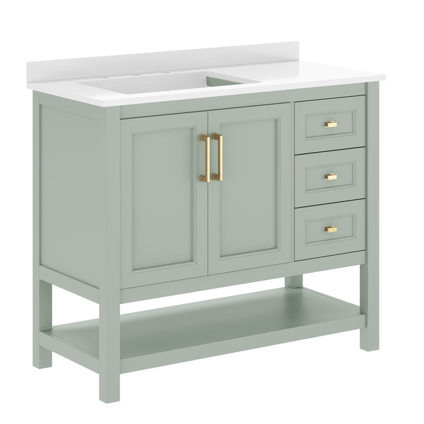 Sage Frame/Gold Hardware,42" |#| 42" Bathroom Vanity with Sink, Open Storage, and Storage Drawers in White