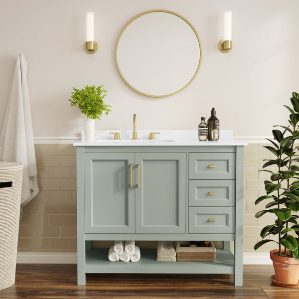 Sage Frame/Gold Hardware,42" |#| 42" Bathroom Vanity with Sink, Open Storage, and Storage Drawers in White