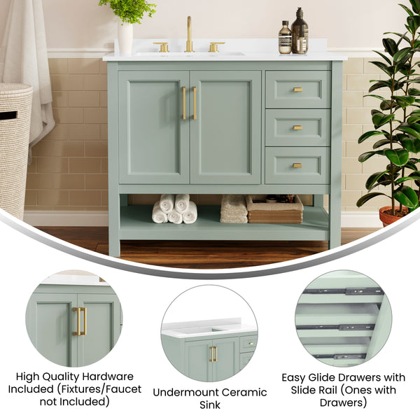 Sage Frame/Gold Hardware,42" |#| 42" Bathroom Vanity with Sink, Open Storage, and Storage Drawers in White