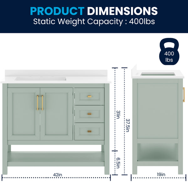 Sage Frame/Gold Hardware,42" |#| 42" Bathroom Vanity with Sink, Open Storage, and Storage Drawers in White