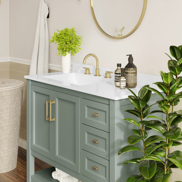 Sage Frame/Gold Hardware,42" |#| 42" Bathroom Vanity with Sink, Open Storage, and Storage Drawers in White