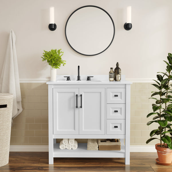 White Frame/Black Hardware,36" |#| 36" Bathroom Vanity with Sink, Open Storage, and Storage Drawers in White