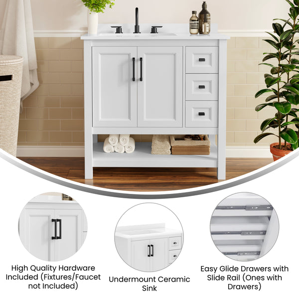 White Frame/Black Hardware,36" |#| 36" Bathroom Vanity with Sink, Open Storage, and Storage Drawers in White