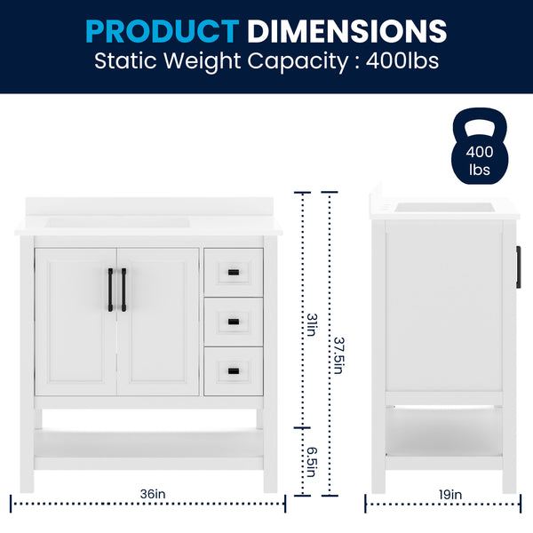 White Frame/Black Hardware,36" |#| 36" Bathroom Vanity with Sink, Open Storage, and Storage Drawers in White