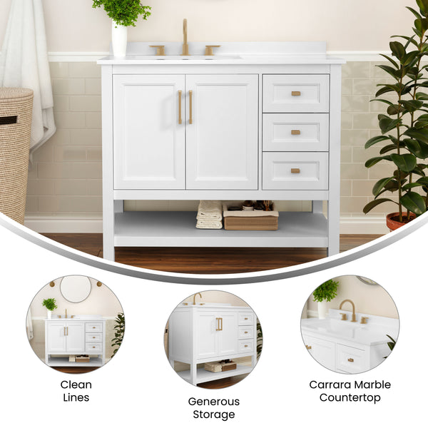 White Frame/Gold Hardware,42" |#| 42 Inch Bathroom Vanity with Sink, Open Storage, and Storage Drawers in Wht/Gold