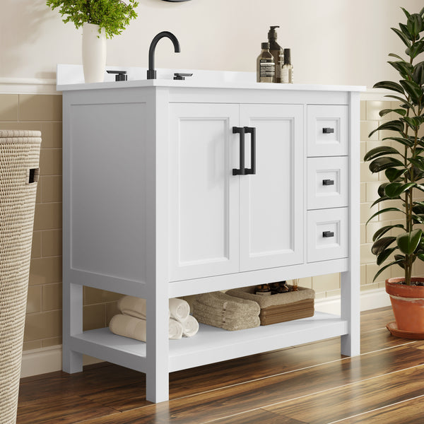 White Frame/Black Hardware,36" |#| 36" Bathroom Vanity with Sink, Open Storage, and Storage Drawers in White