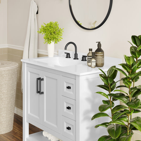 White Frame/Black Hardware,36" |#| 36" Bathroom Vanity with Sink, Open Storage, and Storage Drawers in White