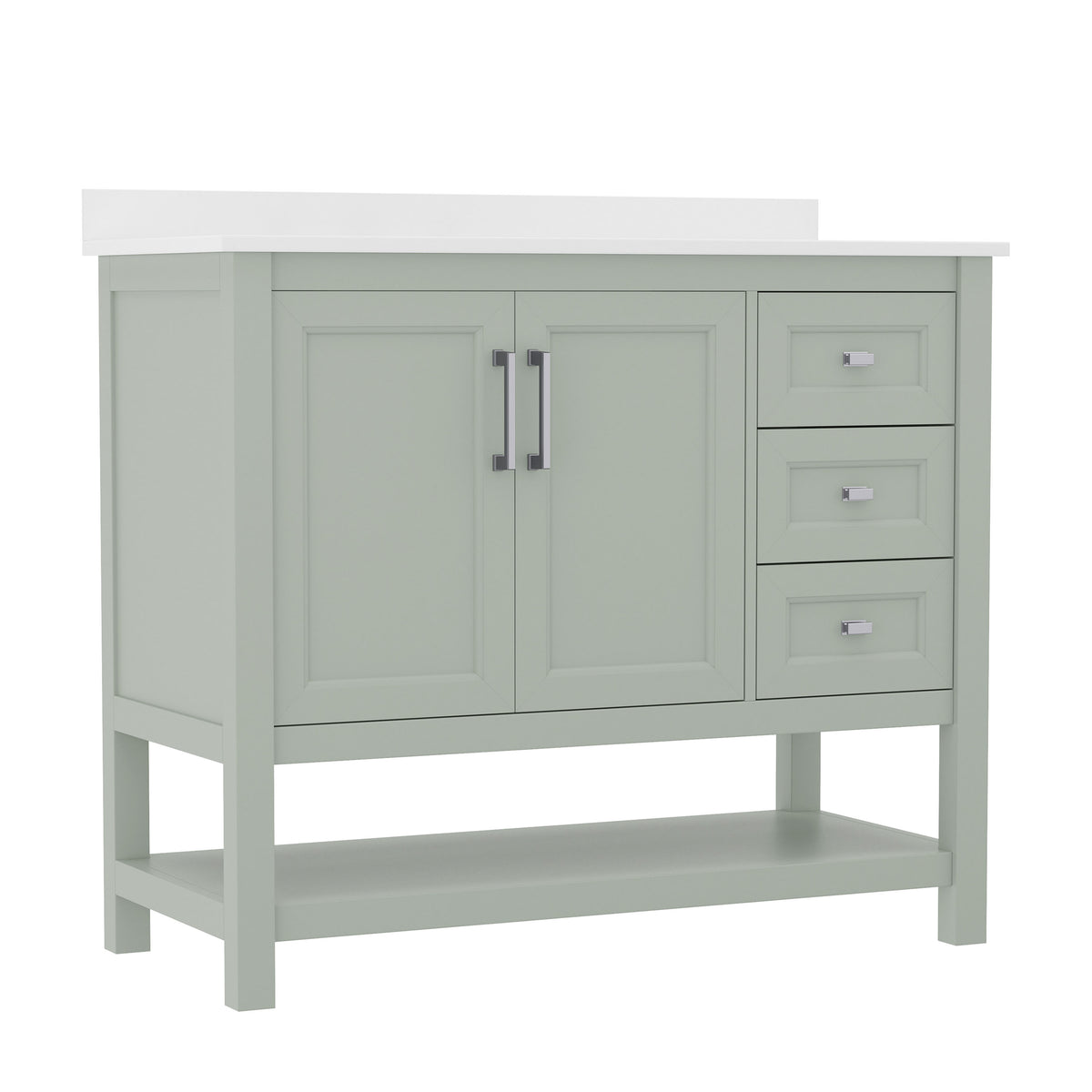 Sage Frame/Nickel Hardware,42" |#| 42 Inch Bathroom Vanity with Sink, Open Storage, and Storage Drawers in Sage