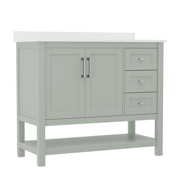 Sage Frame/Nickel Hardware,42" |#| 42 Inch Bathroom Vanity with Sink, Open Storage, and Storage Drawers in Sage
