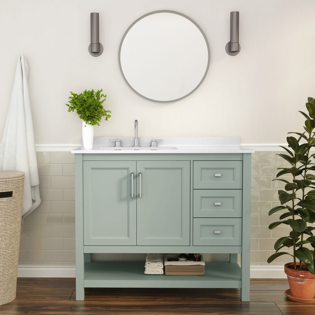 Sage Frame/Nickel Hardware,42" |#| 42 Inch Bathroom Vanity with Sink, Open Storage, and Storage Drawers in Sage