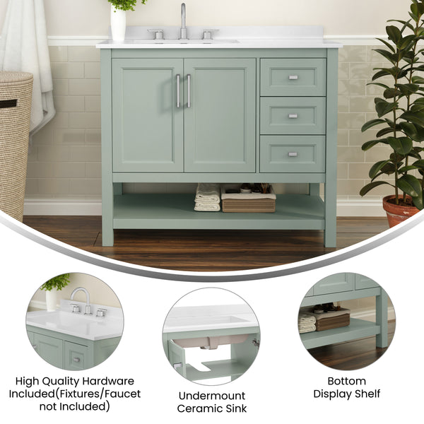 Sage Frame/Nickel Hardware,42" |#| 42 Inch Bathroom Vanity with Sink, Open Storage, and Storage Drawers in Sage