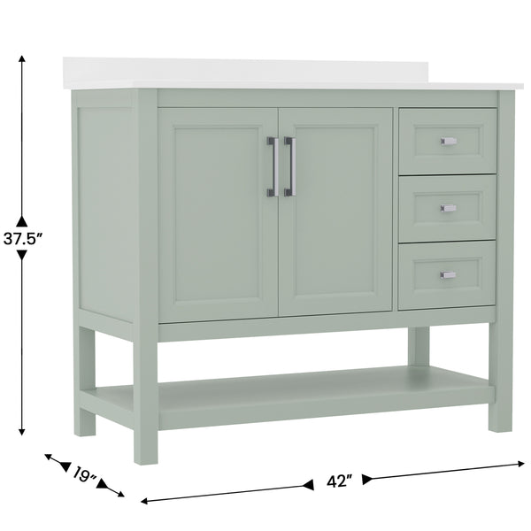 Sage Frame/Nickel Hardware,42" |#| 42 Inch Bathroom Vanity with Sink, Open Storage, and Storage Drawers in Sage
