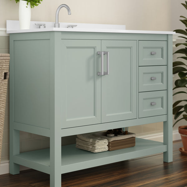 Sage Frame/Nickel Hardware,42" |#| 42 Inch Bathroom Vanity with Sink, Open Storage, and Storage Drawers in Sage