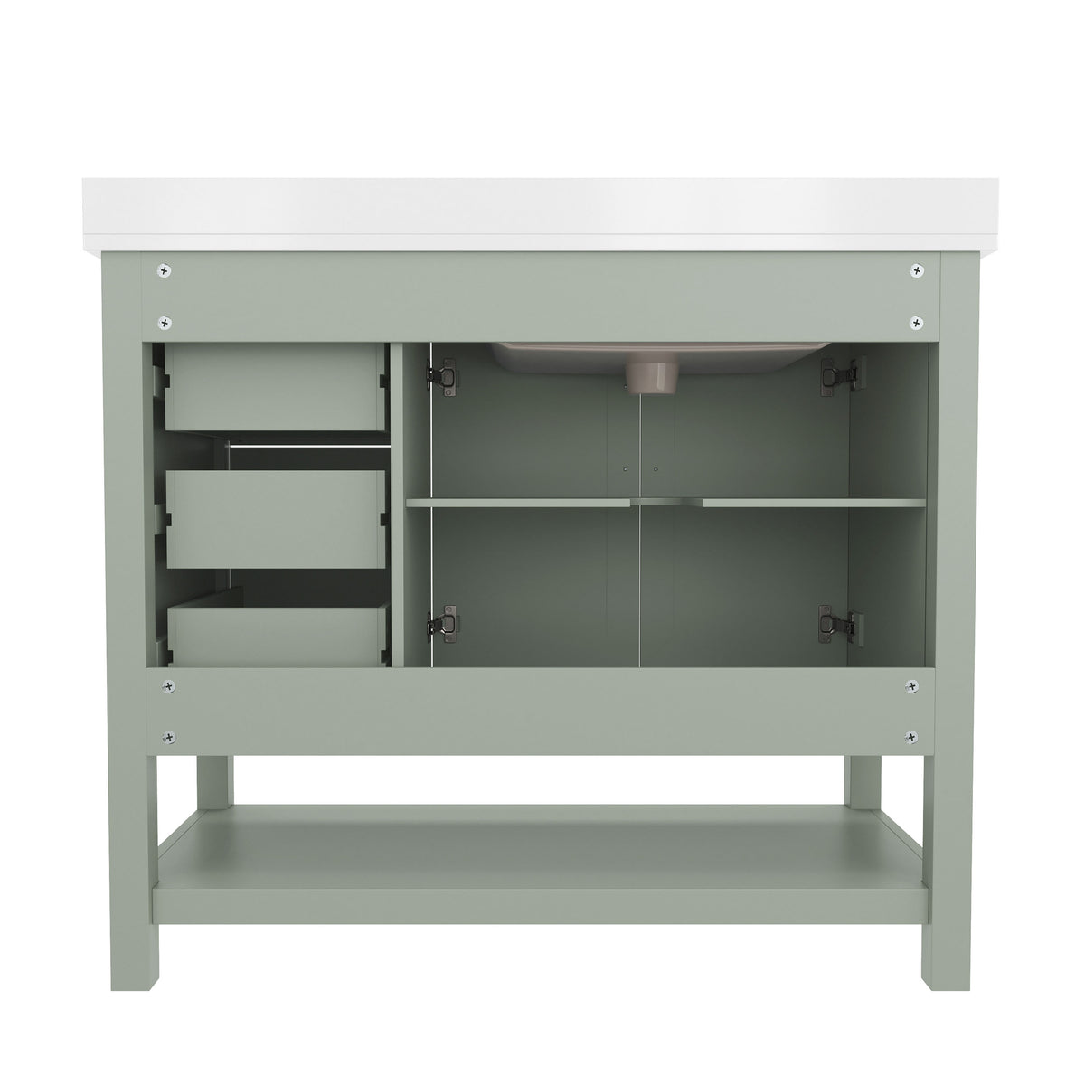 Sage Frame/Nickel Hardware,42" |#| 42 Inch Bathroom Vanity with Sink, Open Storage, and Storage Drawers in Sage