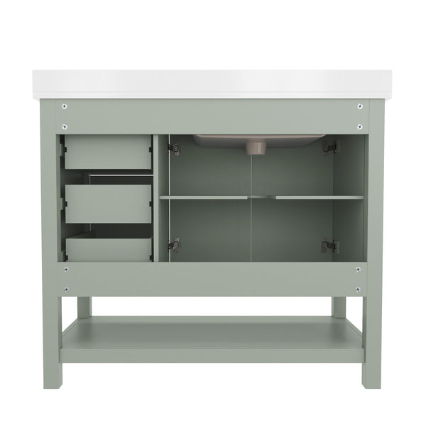 Sage Frame/Nickel Hardware,42" |#| 42 Inch Bathroom Vanity with Sink, Open Storage, and Storage Drawers in Sage