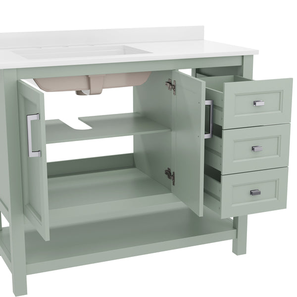 Sage Frame/Nickel Hardware,42" |#| 42 Inch Bathroom Vanity with Sink, Open Storage, and Storage Drawers in Sage