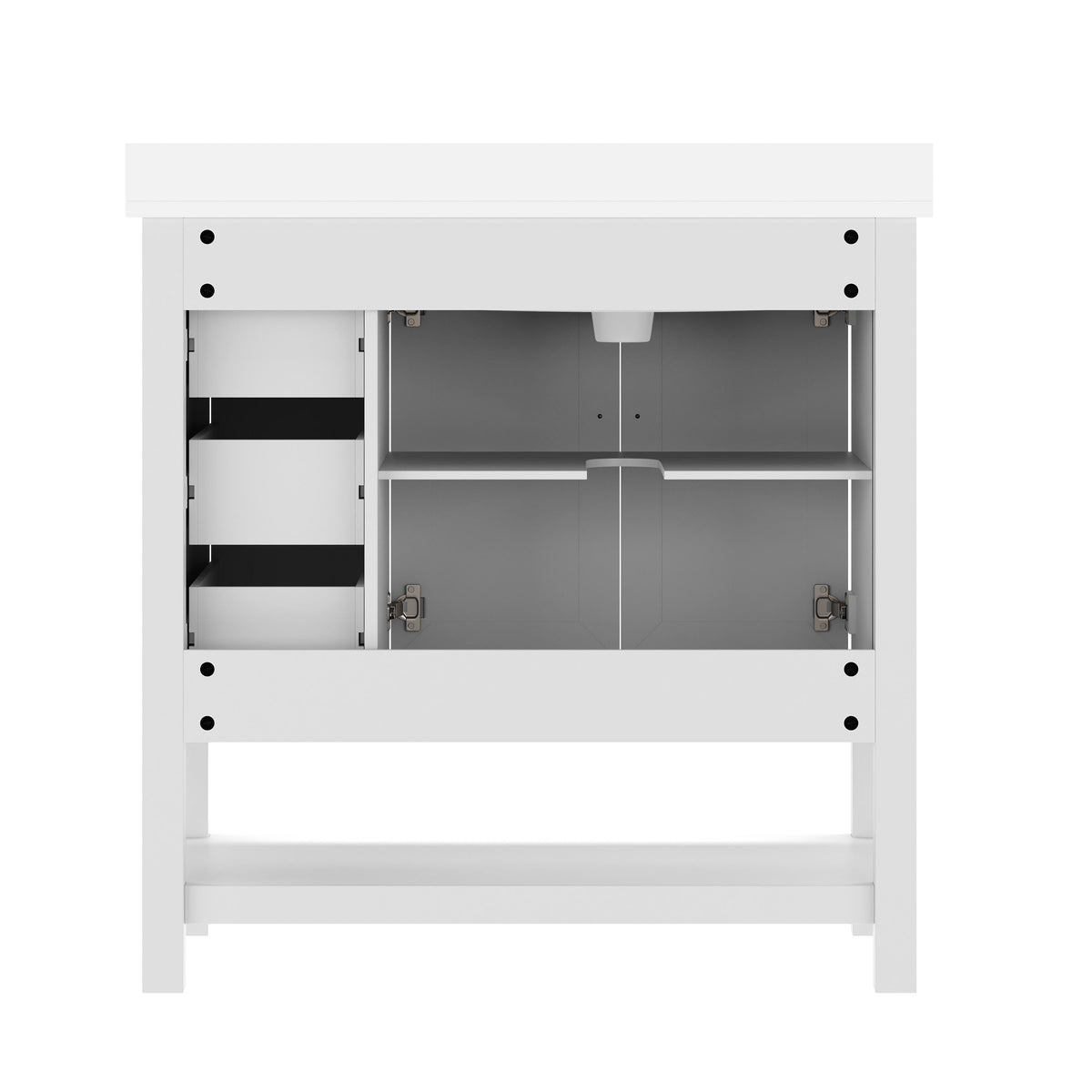 White Frame/Black Hardware,36" |#| 36" Bathroom Vanity with Sink, Open Storage, and Storage Drawers in White