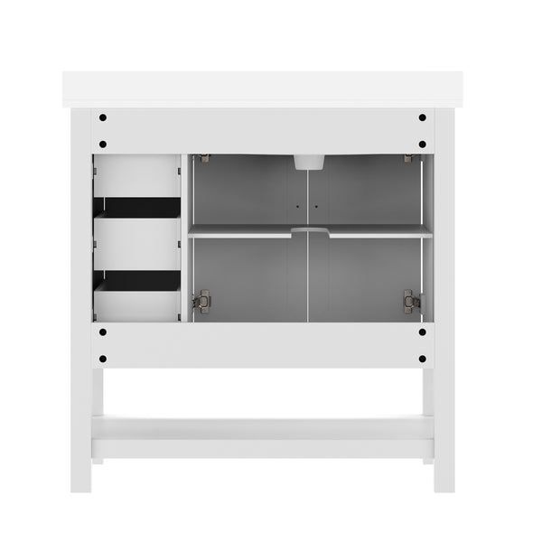 White Frame/Black Hardware,36" |#| 36" Bathroom Vanity with Sink, Open Storage, and Storage Drawers in White