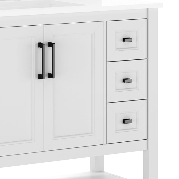 White Frame/Black Hardware,36" |#| 36" Bathroom Vanity with Sink, Open Storage, and Storage Drawers in White