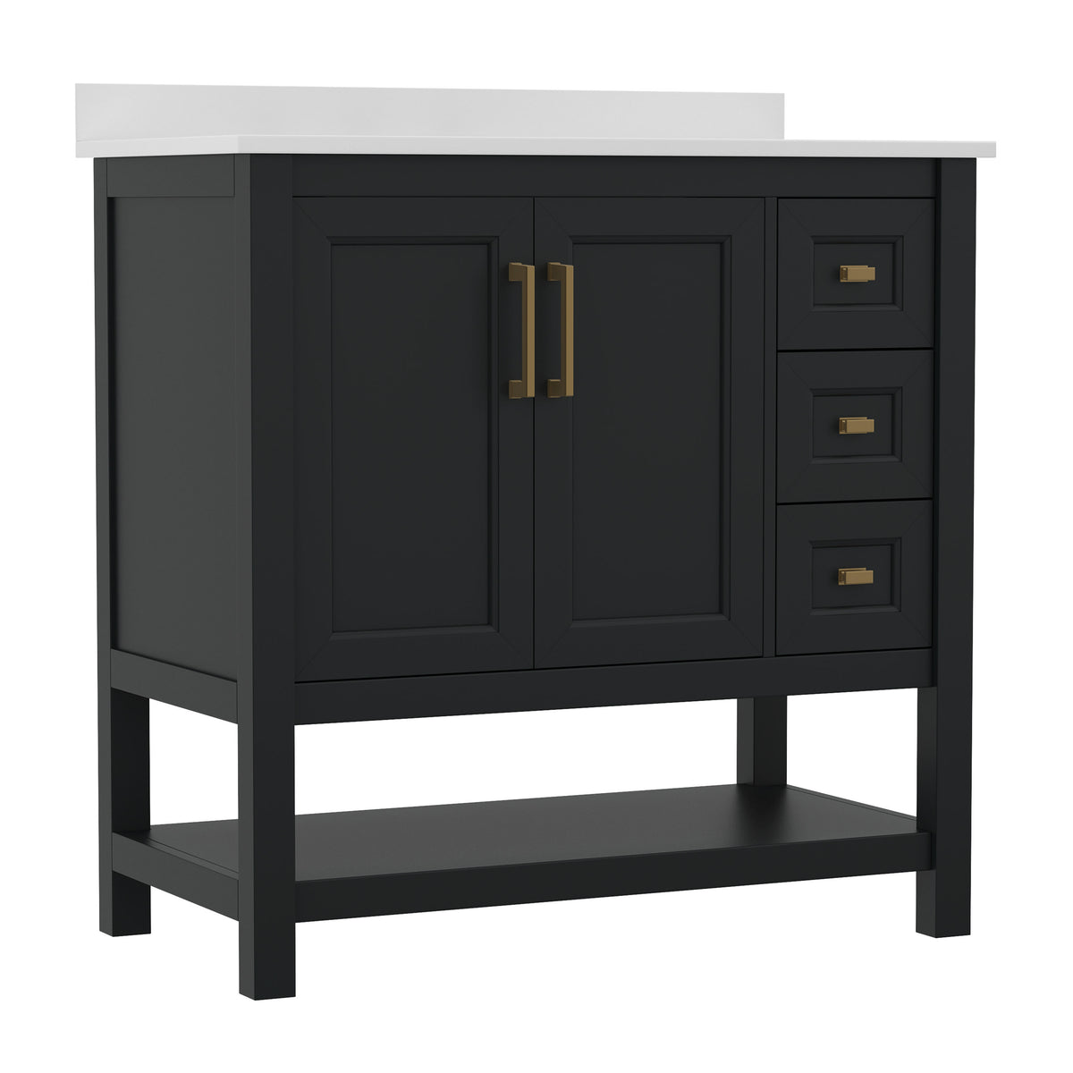Black Frame/Gold Hardware,36" |#| 36 Inch Bathroom Vanity with Sink, Open Storage, and Storage Drawers in Blk/Gold