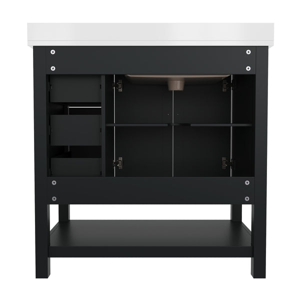 Black Frame/Gold Hardware,36" |#| 36 Inch Bathroom Vanity with Sink, Open Storage, and Storage Drawers in Blk/Gold