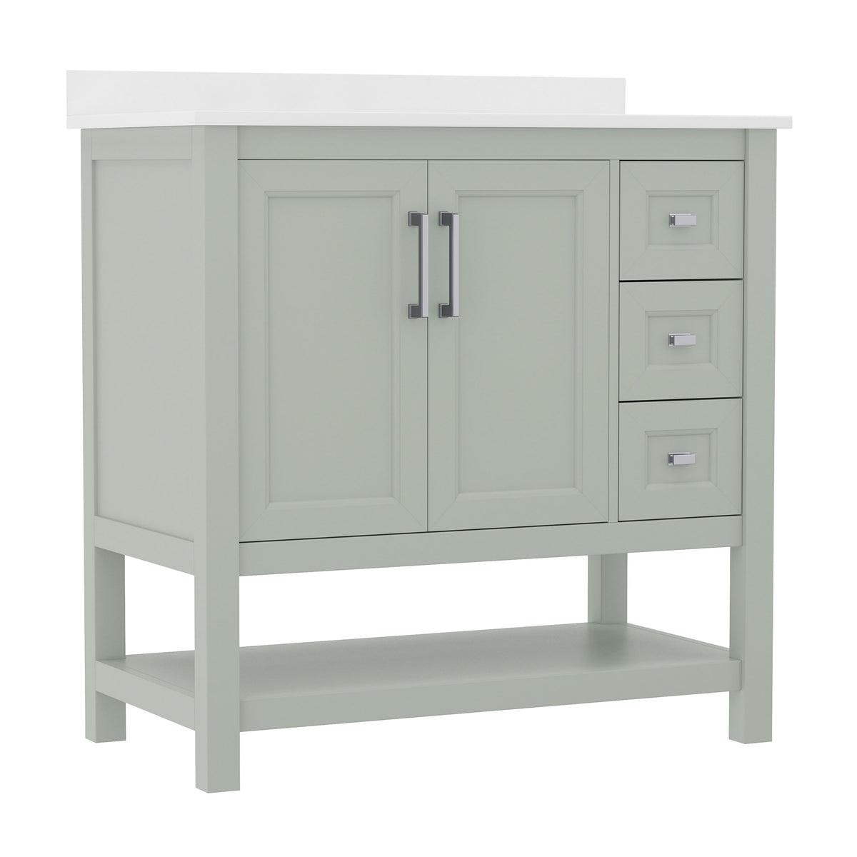 Sage Frame/Nickel Hardware,36" |#| 36 Inch Bathroom Vanity with Sink, Open Storage, and Storage Drawers in Sage