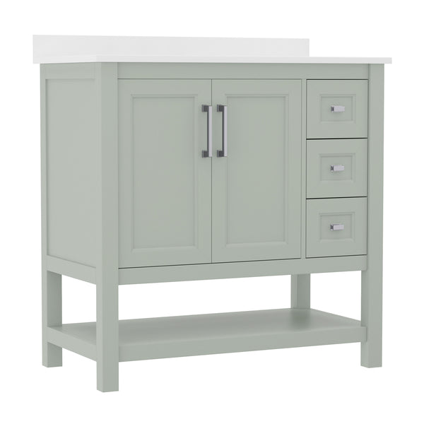 Sage Frame/Nickel Hardware,36" |#| 36 Inch Bathroom Vanity with Sink, Open Storage, and Storage Drawers in Sage
