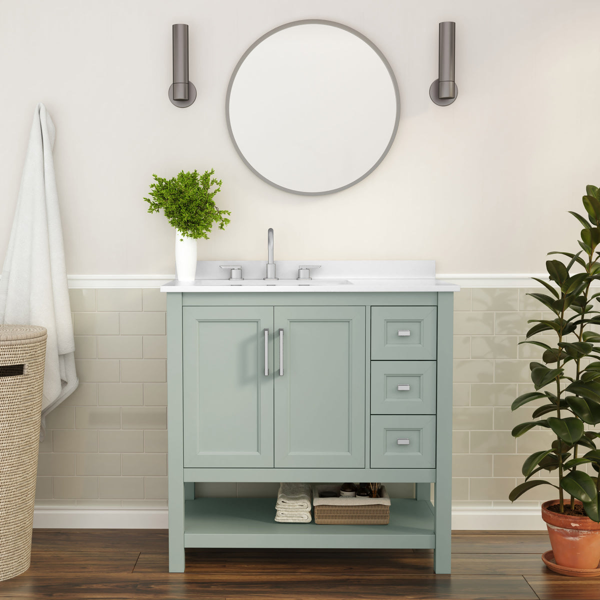 Sage Frame/Nickel Hardware,36" |#| 36 Inch Bathroom Vanity with Sink, Open Storage, and Storage Drawers in Sage