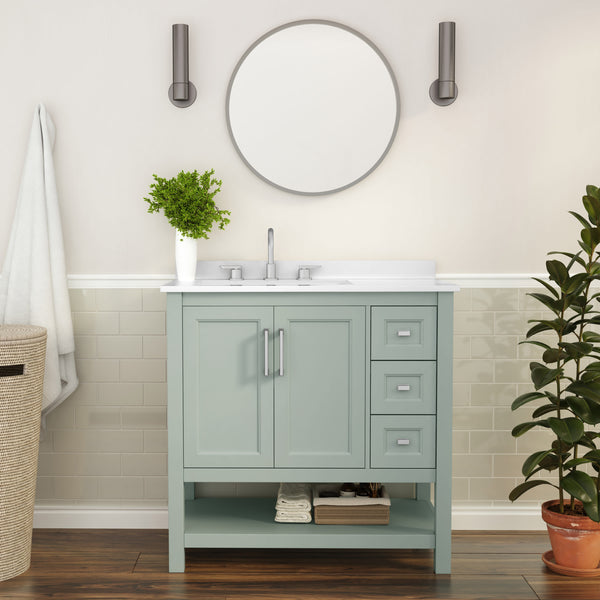Sage Frame/Nickel Hardware,36" |#| 36 Inch Bathroom Vanity with Sink, Open Storage, and Storage Drawers in Sage