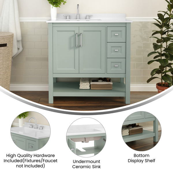 Sage Frame/Nickel Hardware,36" |#| 36 Inch Bathroom Vanity with Sink, Open Storage, and Storage Drawers in Sage